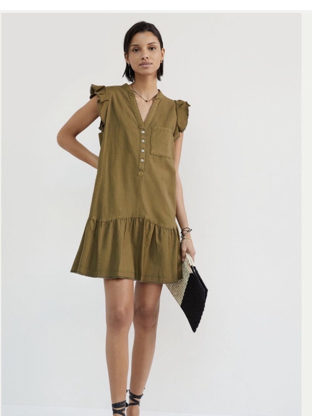 Pilcro Olive Ruffle Sleeve Button-Front Mini Dress